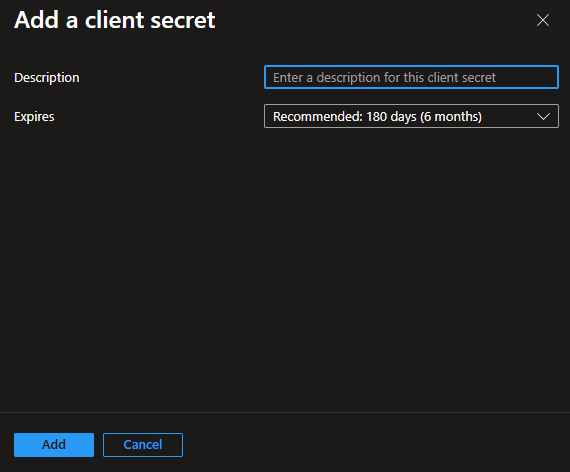 App Registrations - Add Client Secret Form