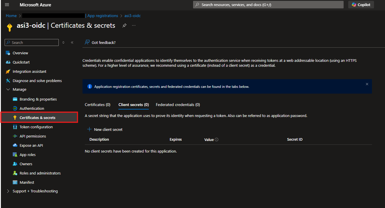 App Registrations - Certificates & secrets navigation