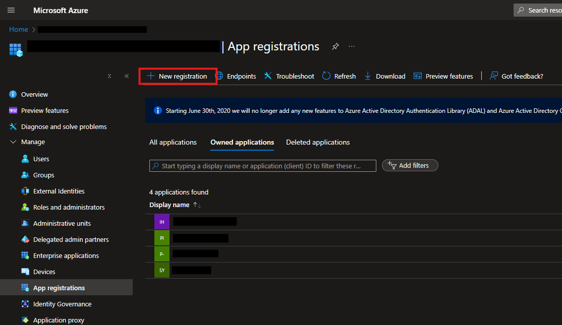 App Registrations - Create New Registration Button