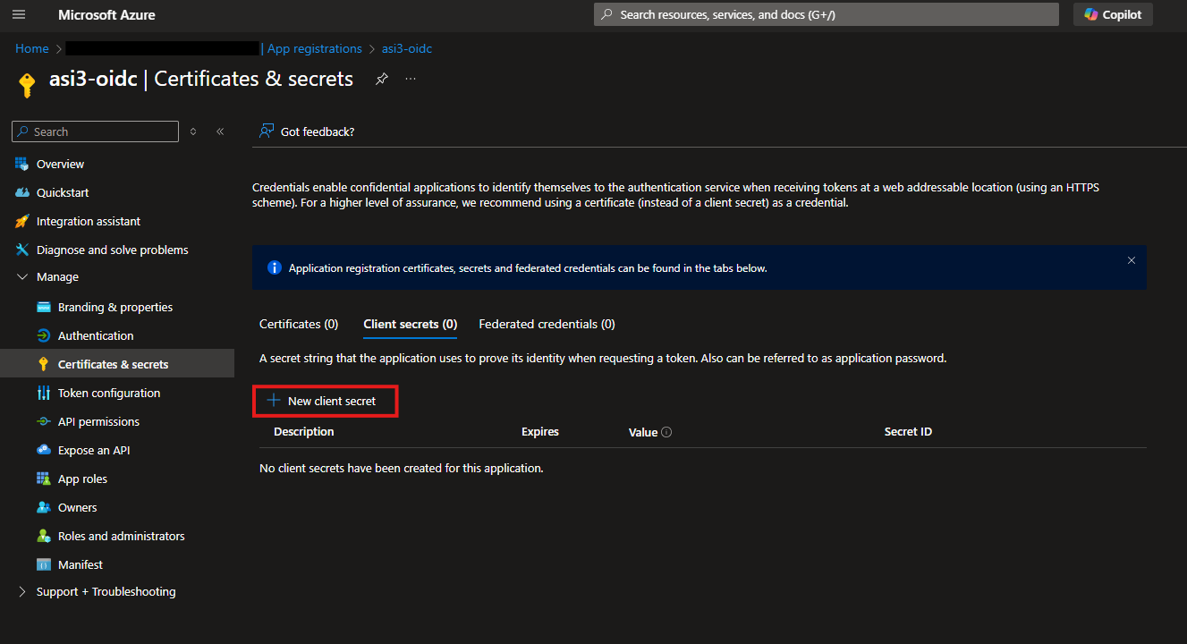 App Registrations - New Client Secret Button