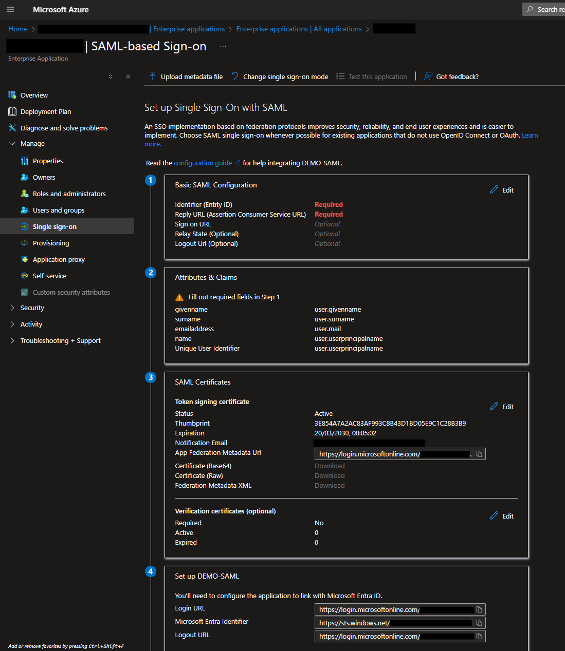 Single sign-on setup page