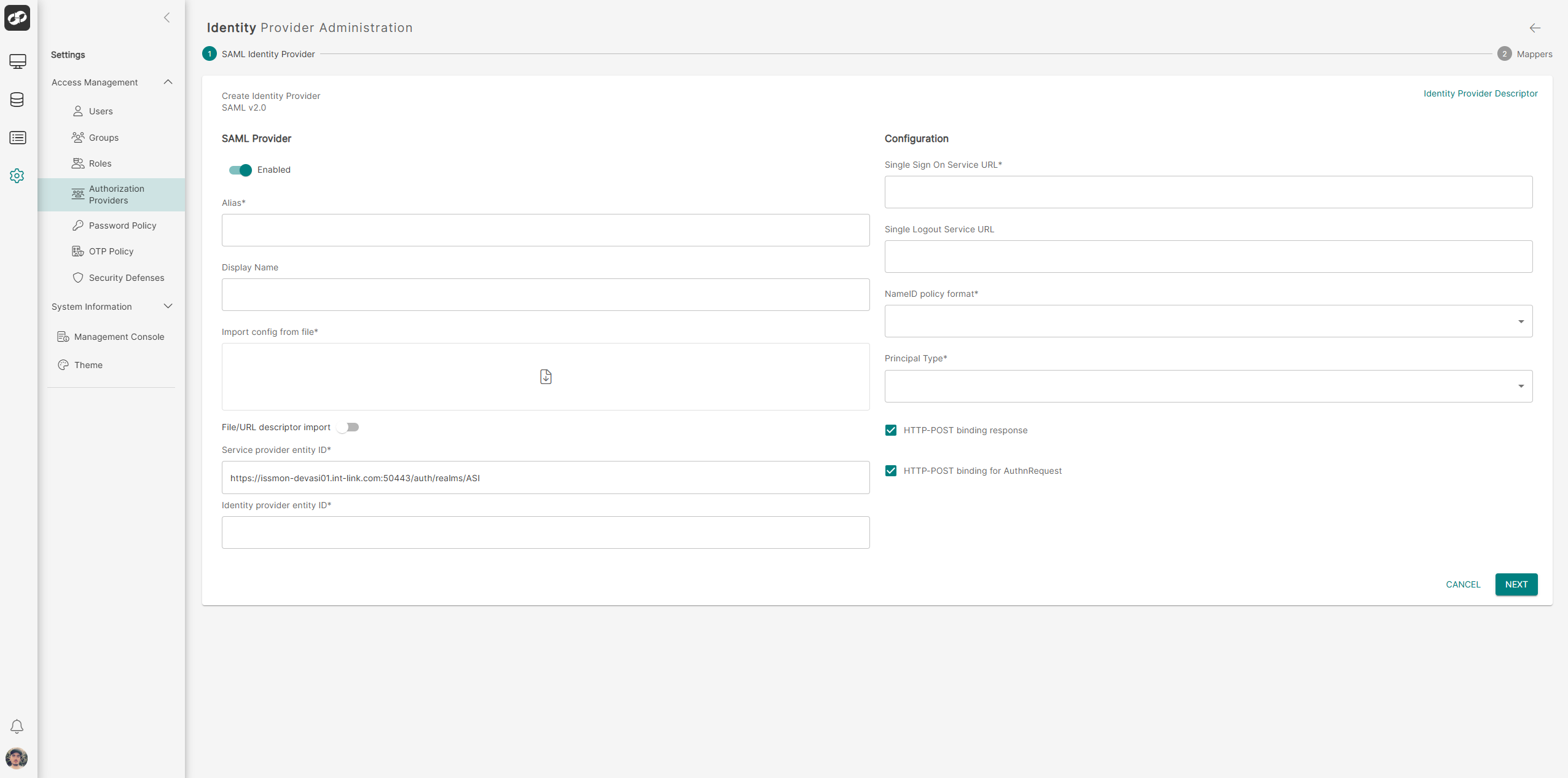 SAML Configuration Page