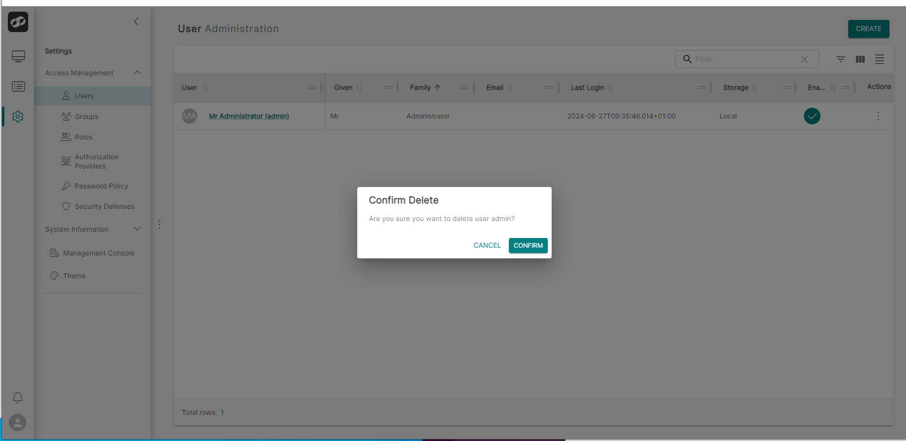 Delete User confirmation box