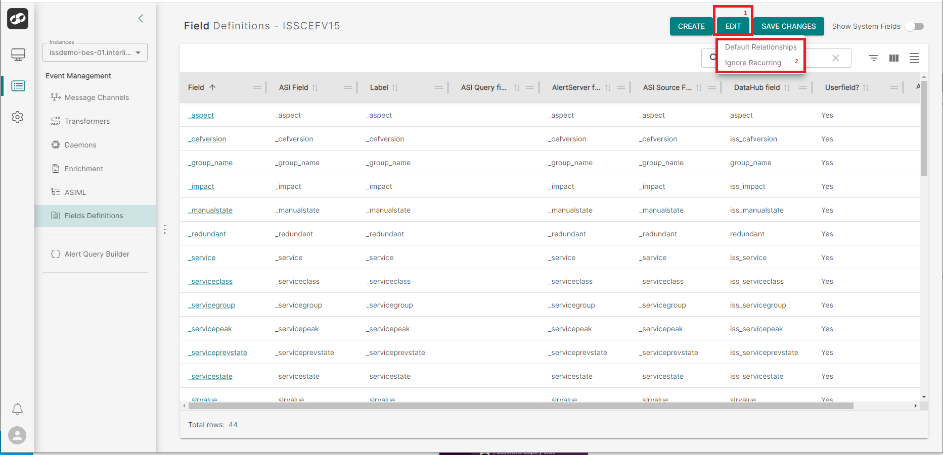 Field Definition Page | Edit Relationships Options