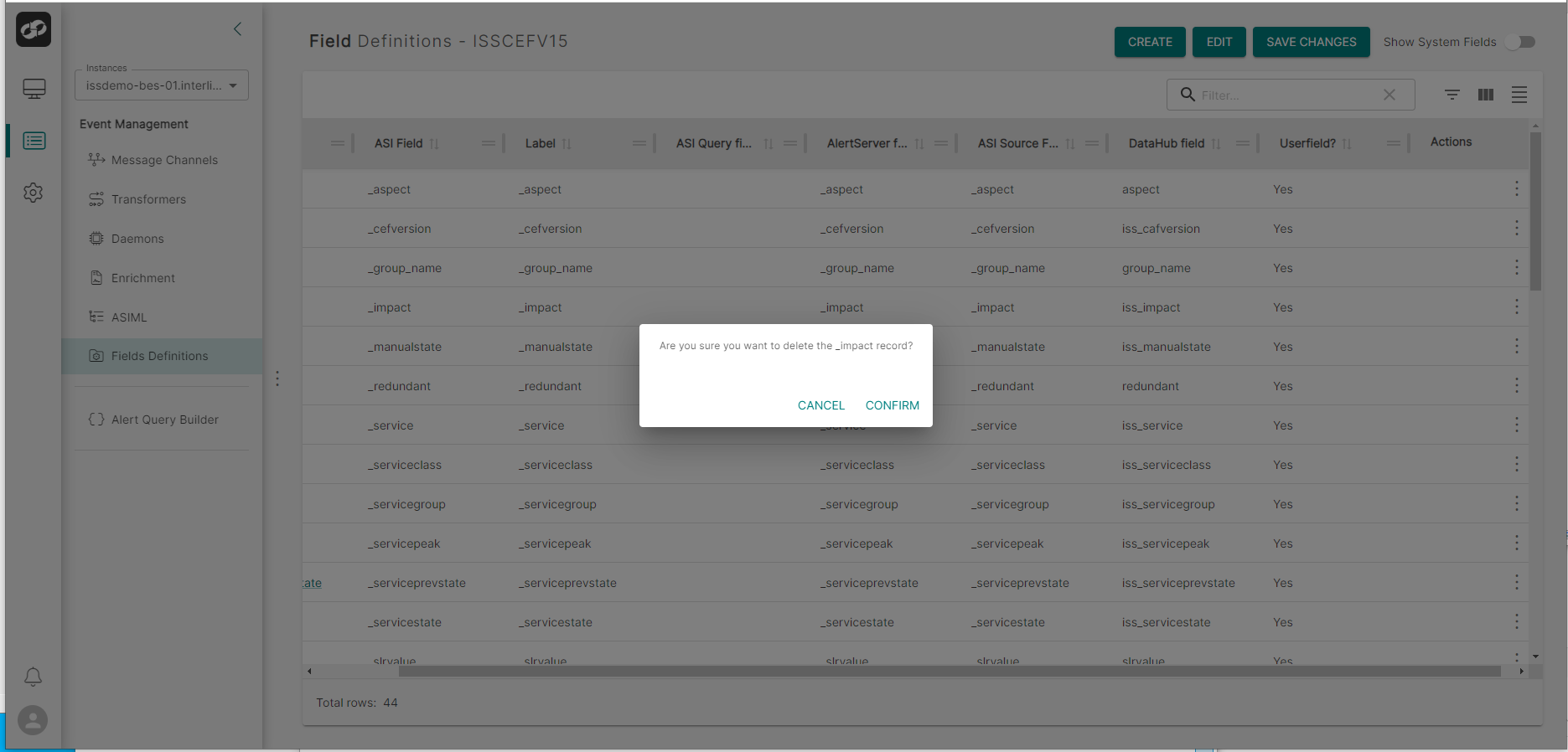 Field Definition Page | Delete Field Confirmation Modal