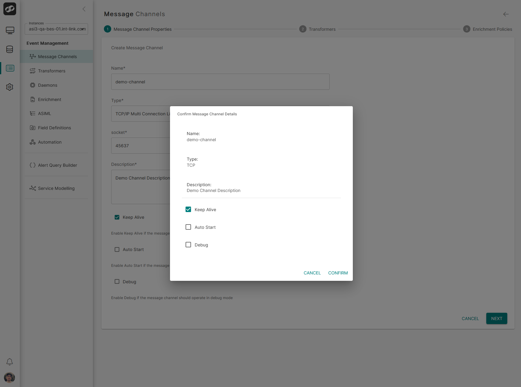 Message Channel Properties | Confirm Dialog