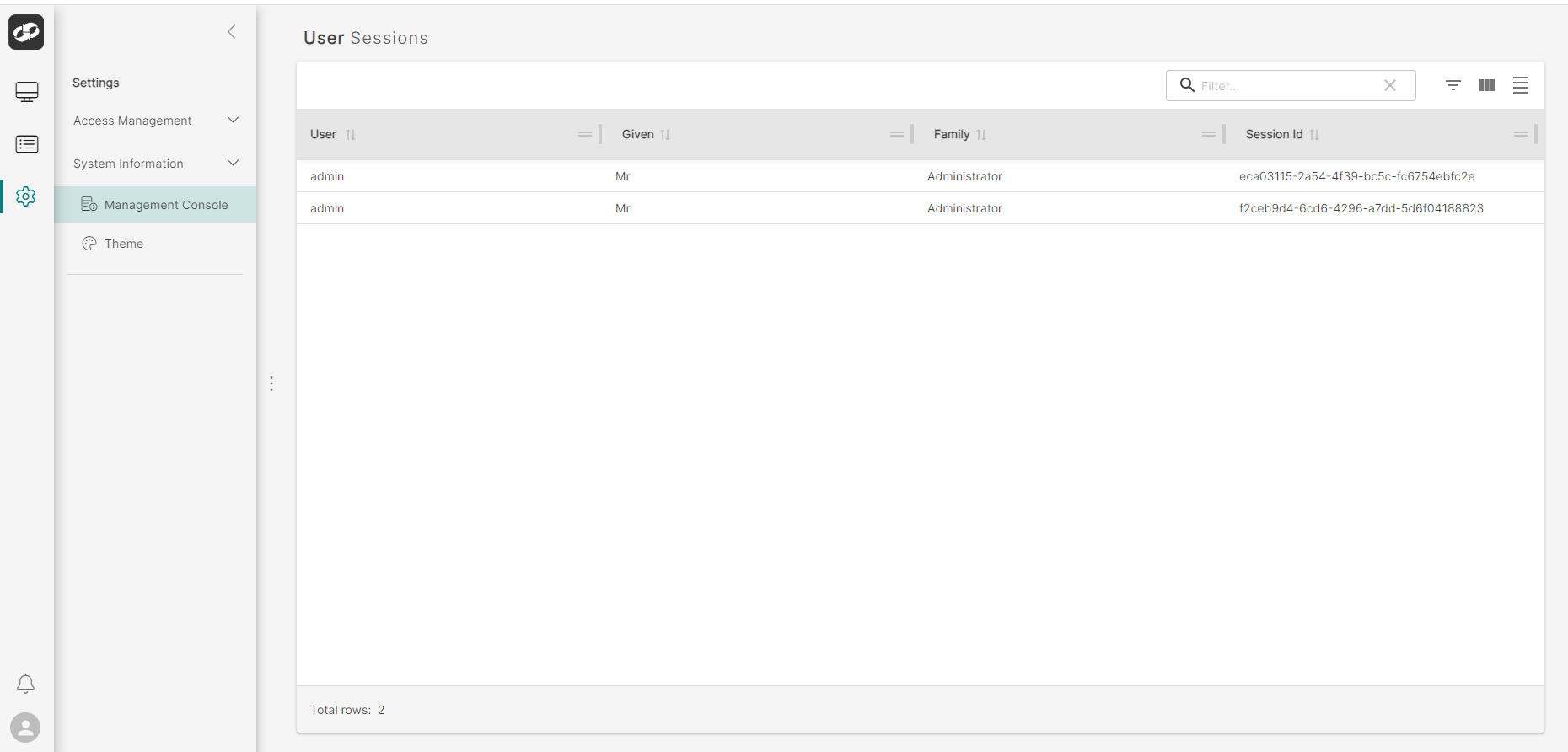 Management Console | User Sessions Page